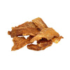 A close-up photo of a small pile of Wet Nose Chicken Strips dog treats. They are strips of chicken tenders, about 5"-6" long, and pale orangey-tan in color.