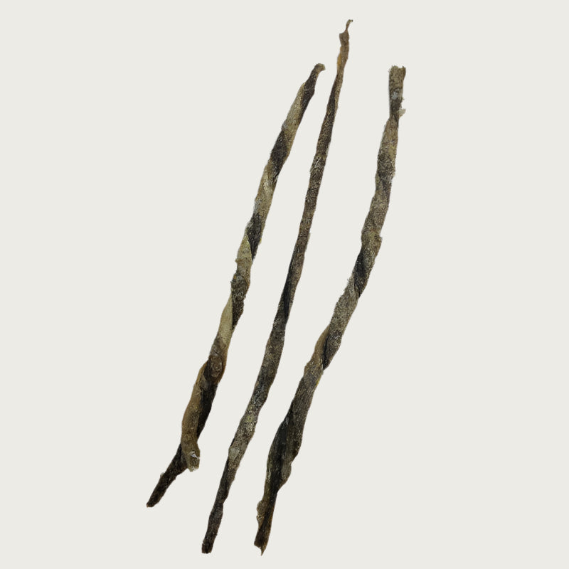 Three cod skin chews, side by side to show natural variation in size and thickness.
