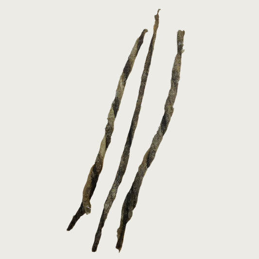 Three cod skin chews, side by side to show natural variation in size and thickness.