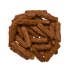 Close-up photo of a small stack of Wet Nose Duck Smokies dog treats. They are medium brown colored links, measuring about 2.5" long.
