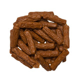 Close-up photo of a small stack of Wet Nose Duck Smokies dog treats. They are medium brown colored links, measuring about 2.5" long.