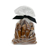 7 oz clear resealable bag of Wet Nose exclusive, Duck Smokies dog treats, tied with black ribbon. Product inside is medium brown colored links. 