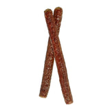 Closeup of two Wet Nose Duck Stick treats side by side. They are reddish-brown in color, and have a slightly bumpy texture.