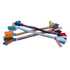 A variety of four large fleece tug dog toys from Wet Nose. They are in a rainbow of color combinations. Toys are tightly knotted & twisted, with thick knots at each end. Loose fleece hangs off the ends like a candy wrapper.
