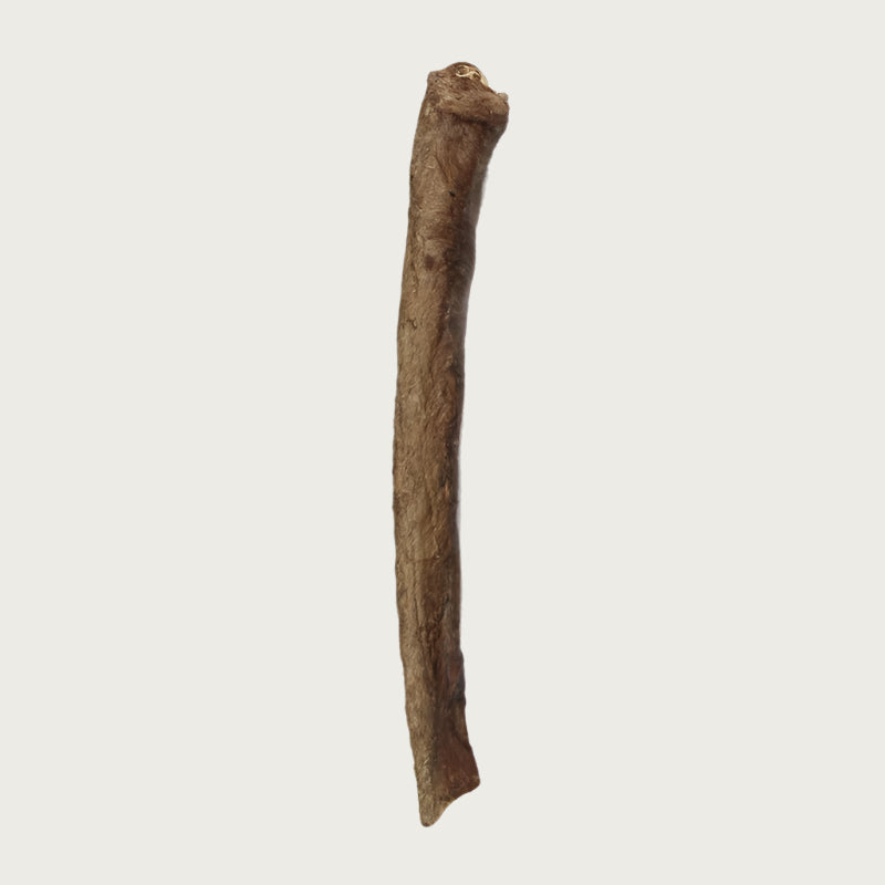 Single brown Moo Stick dog chew. It looks like a thick wood stick. 