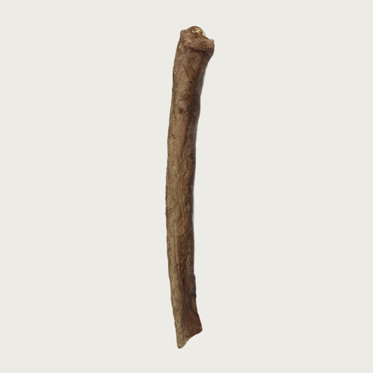 Single brown Moo Stick dog chew. It looks like a thick wood stick. 