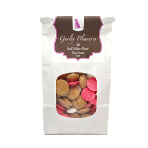 1.5 lb white craft paper bag of Wet Nose Guilty Pleasures NeaPAWlitan Flavor Dog Treats. Clear window on bag shows tan, cream, and pink disc-shaped treats inside.