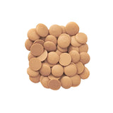 Closeup photo of a stack of Wet Nose Guilty Pleasures peanut butter treats. They are tan, disc-shaped, and measure about 1" wide.