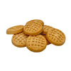 Closeup photo of a stack of Wet Nose Woof! Waffles peanut butter flavor dog treats. They are tan and round, and measure about 1.5" wide and 0.5" thick. Top of cookies are textured to look like homemade peanut butter cookies, with fork marks.