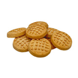 Closeup photo of a stack of Wet Nose Woof! Waffles peanut butter flavor dog treats. They are tan and round, and measure about 1.5" wide and 0.5" thick. Top of cookies are textured to look like homemade peanut butter cookies, with fork marks.