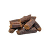 A close-up photo of a small stack of Wet Nose Misfit Duck Sticks dog treats. They are reddish brown in color about 2" long, with a slightly crumbly looking texture.