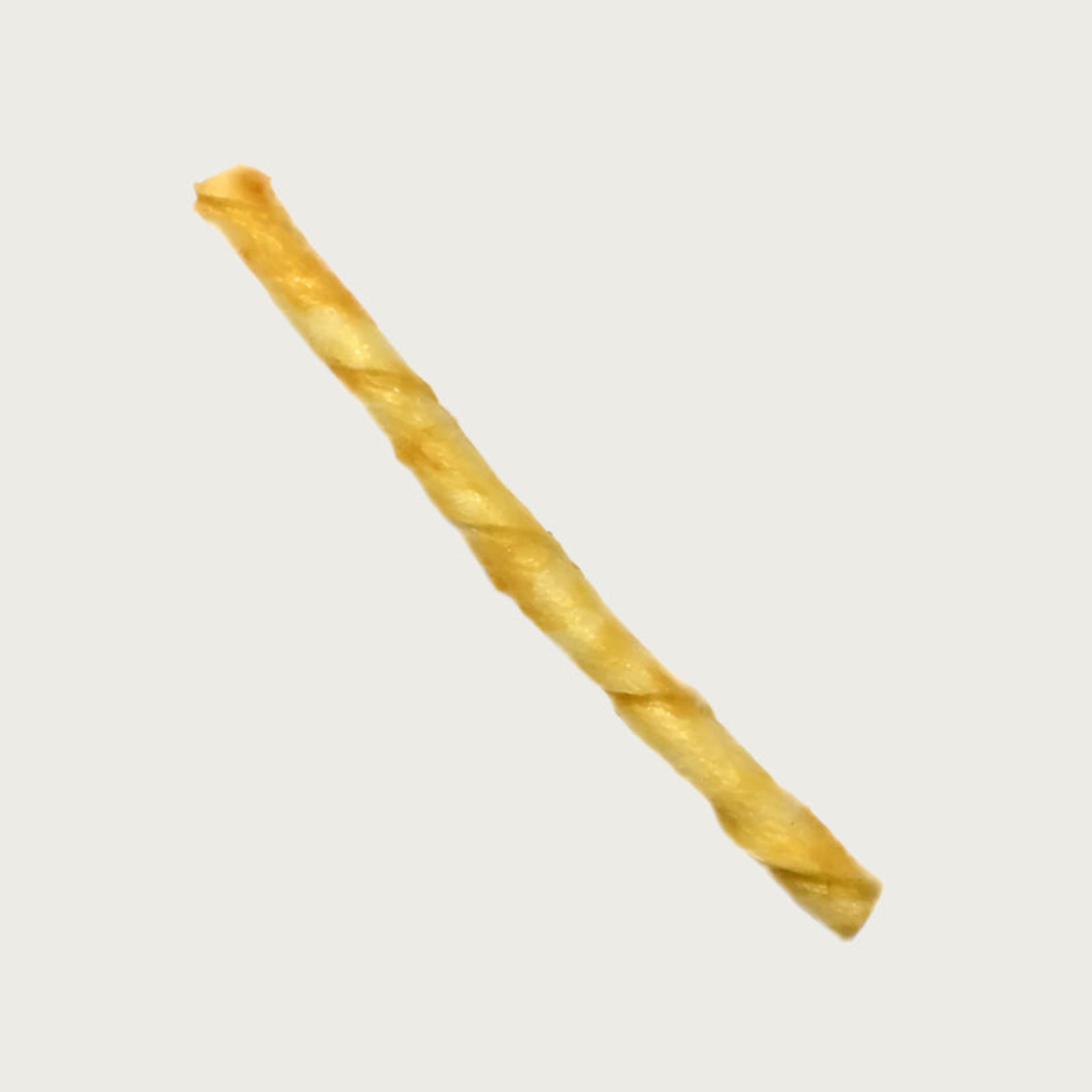 Single No-Hide Chicken Stix dog chew. It is tan colored, and shaped like a short, twisted stick.