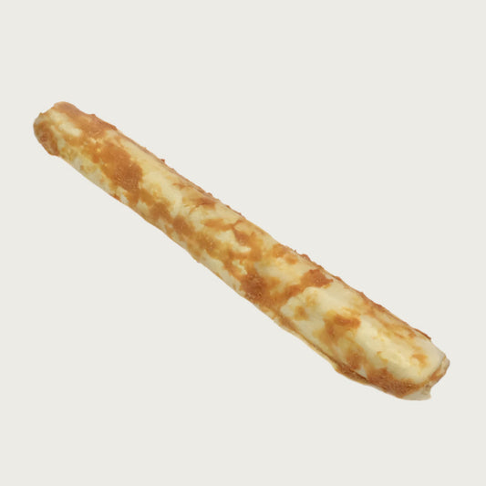 An example of the No-Hide XL Wrap chew for dogs. All flavors look similar.  It is a long, rolled, straight shaped chew, with the flavor topping smeared across it. Base color is light tan, "smear" ranges from light tan to light brown.