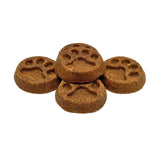 Closeup of five Wet Nose Peanut Butter Paw Print treats. They are brown, round, about 2" wide, and embossed with a paw print shape.