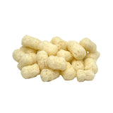 Close-up photo of a small pile of Wet Nose Pooch Puffs dog treats. They are ivory colored, about 1"-1.5" long, and similar in size to small tater tots. They look airy, like Cheetos puffy cheese snacks.