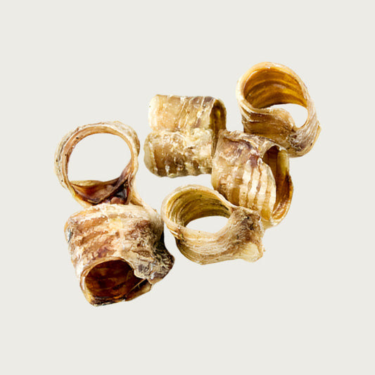A loose pile of windee ring dog chews, showing size & color variation. They are thin, hollow, brownish tan colored and have a slightly bumpy texture.