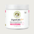 Load image into Gallery viewer, White plastic container of plant based Wholistic Pet Organics Digest-All Plus supplement. Digestive enzymes, prebiotics, and probiotics for digestive + gut health. 113 day supply. Net weight: 8 oz (227g).
