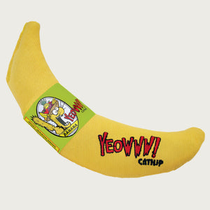 Bright yellow banana shaped catnip toy.