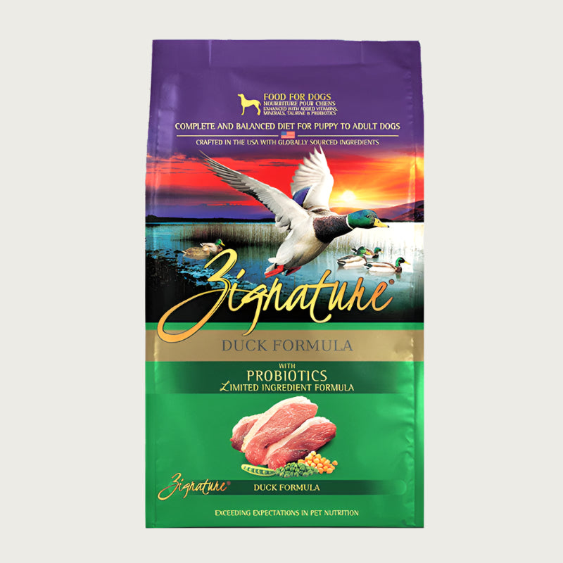 A bag of Zignature limited ingredient duck formula with probiotics dog food, complete and balanced diet for puppy to adult dogs.