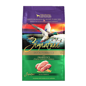 A bag of Zignature limited ingredient duck formula with probiotics dog food, complete and balanced diet for puppy to adult dogs.