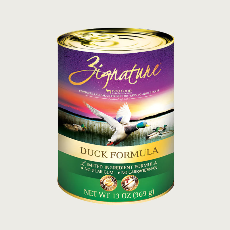 A 13 oz can of Zignature limited ingredient duck formula dog food, complete and balanced diet for puppy to adult dogs. Label also says "no guar gum" and "no carrageenan". Potato, grain, and chicken free product.