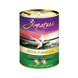 A 13 oz can of Zignature limited ingredient duck formula dog food, complete and balanced diet for puppy to adult dogs. Label also says "no guar gum" and "no carrageenan". Potato, grain, and chicken free product.