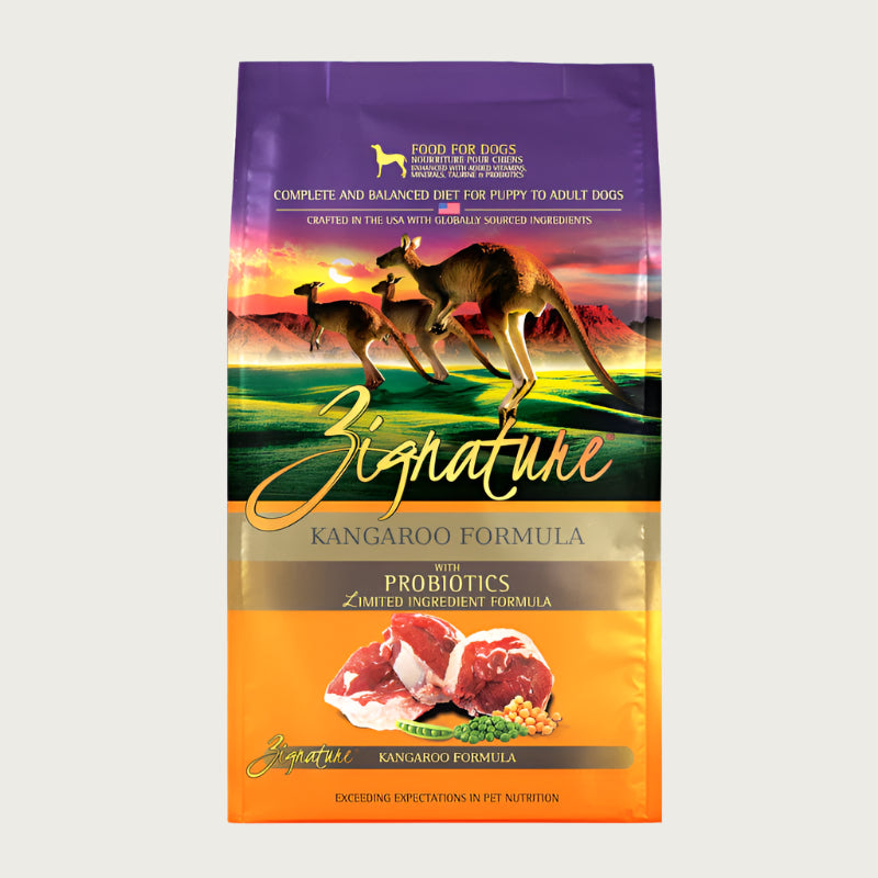 A bag of Zignature limited ingredient kangaroo formula with probiotics dog food, complete and balanced diet for puppy to adult dogs.