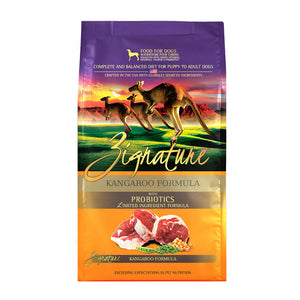 A bag of Zignature limited ingredient kangaroo formula with probiotics dog food, complete and balanced diet for puppy to adult dogs.