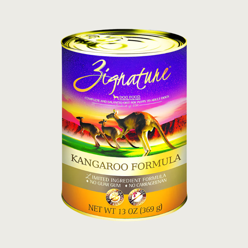 A 13 oz can of Zignature limited ingredient kangaroo formula dog food, complete and balanced diet for puppy to adult dogs. Label also says "no guar gum" and "no carrageenan". Potato, grain, and chicken free product.