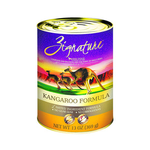 A 13 oz can of Zignature limited ingredient kangaroo formula dog food, complete and balanced diet for puppy to adult dogs. Label also says "no guar gum" and "no carrageenan". Potato, grain, and chicken free product.