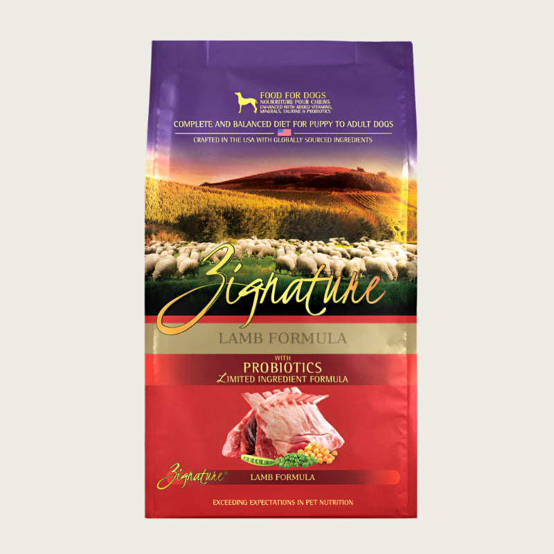 A bag of Zignature limited ingredient lamb formula with probiotics dog food, complete and balanced diet for puppy to adult dogs.