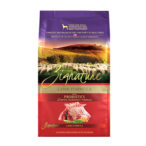 A bag of Zignature limited ingredient lamb formula with probiotics dog food, complete and balanced diet for puppy to adult dogs.