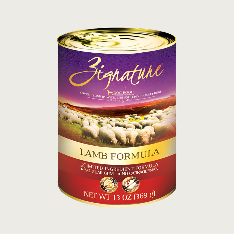 A 13 oz can of Zignature limited ingredient lamb formula dog food, complete and balanced diet for puppy to adult dogs. Label also says "no guar gum" and "no carrageenan". Potato, grain, and chicken free product.