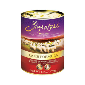 A 13 oz can of Zignature limited ingredient lamb formula dog food, complete and balanced diet for puppy to adult dogs. Label also says "no guar gum" and "no carrageenan". Potato, grain, and chicken free product.