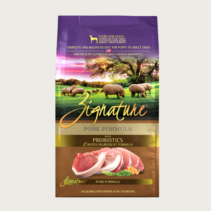 A bag of Zignature limited ingredient pork formula with probiotics dog food, complete and balanced diet for puppy to adult dogs.