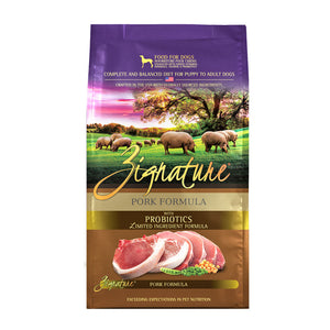 A bag of Zignature limited ingredient pork formula with probiotics dog food, complete and balanced diet for puppy to adult dogs.