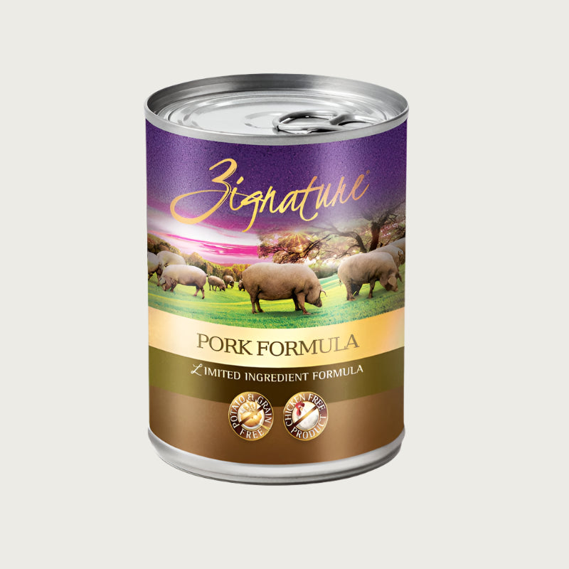 A 13 oz can of Zignature limited ingredient pork formula dog food, complete and balanced diet for puppy to adult dogs. Label also says "no guar gum" and "no carrageenan". Potato, grain, and chicken free product.