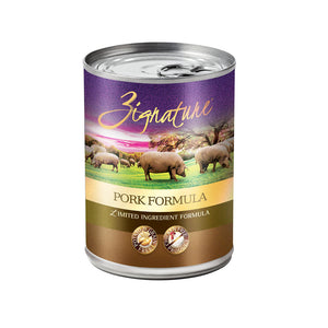 A 13 oz can of Zignature limited ingredient pork formula dog food, complete and balanced diet for puppy to adult dogs. Label also says "no guar gum" and "no carrageenan". Potato, grain, and chicken free product.