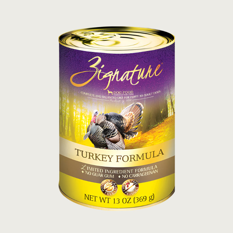 A 13 oz can of Zignature limited ingredient turkey formula dog food, complete and balanced diet for puppy to adult dogs. Label also says "no guar gum" and "no carrageenan". Potato, grain, and chicken free product.