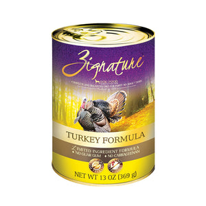A 13 oz can of Zignature limited ingredient turkey formula dog food, complete and balanced diet for puppy to adult dogs. Label also says "no guar gum" and "no carrageenan". Potato, grain, and chicken free product.
