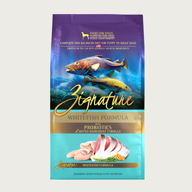 A bag of Zignature limited ingredient whitefish formula with probiotics dog food, complete and balanced diet for puppy to adult dogs.