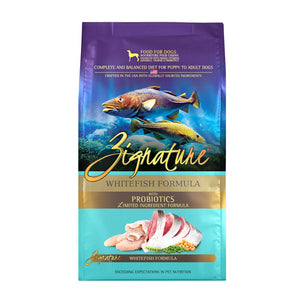 A bag of Zignature limited ingredient whitefish formula with probiotics dog food, complete and balanced diet for puppy to adult dogs.